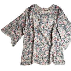 Solitaire Floral Embroidered Scallop Hem Tunic Blouse Boho Cottagecore Romantic